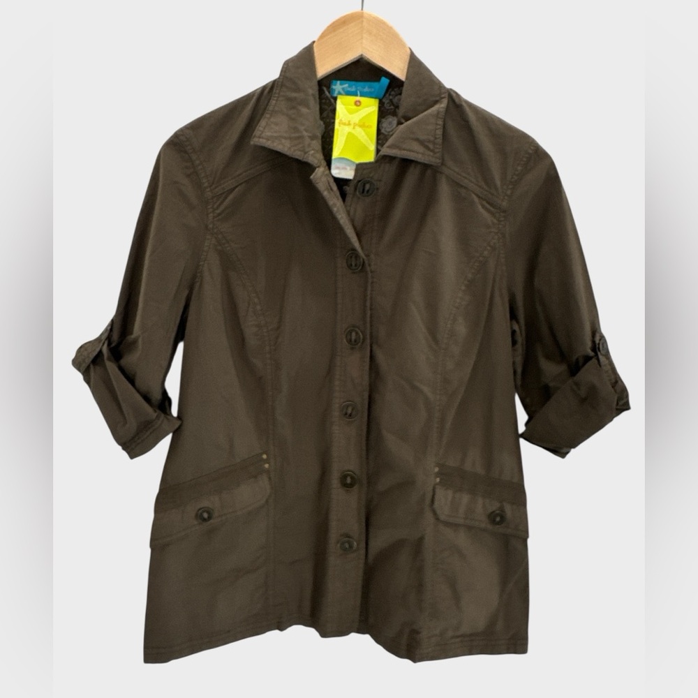 Fresh Produce Safari Jacket Olive Utility Button Front Stretch Broadcloth Small‎